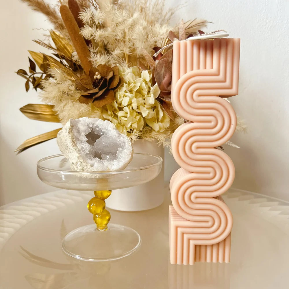 Large Ribbed Wave Scented Soy Pillar Candle - Watermelon Lemonade