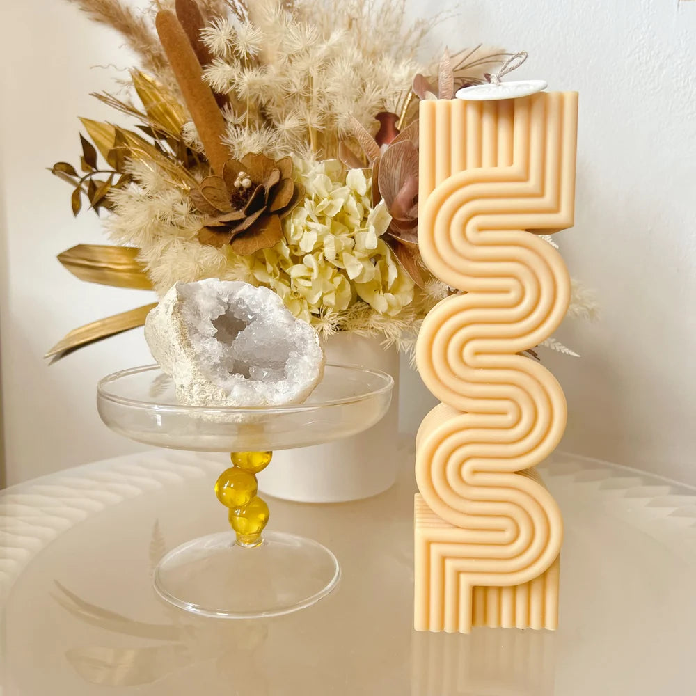 Large Ribbed Wave Scented Soy Pillar Candle - Lemongrass & Persian Lime