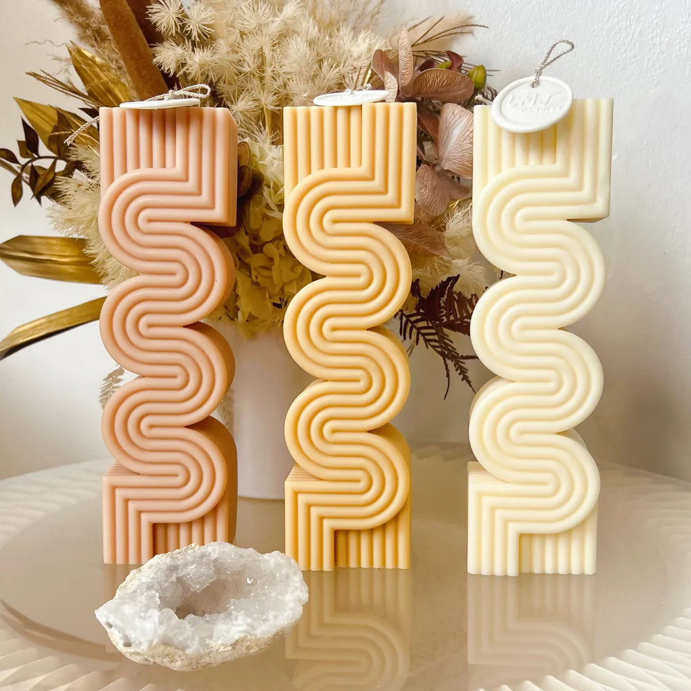 Large Ribbed Wave Scented Soy Pillar Candle - Lemongrass & Persian Lime